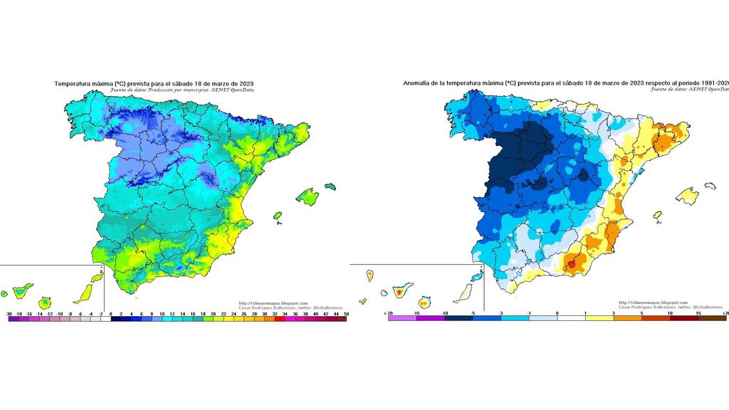 Temperaturas máximas y su anomalía prevista para el sábado 18