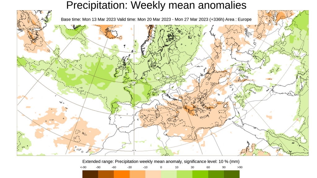 Anomalía de la precipitación prevista para la semana del 20 al 26 de marzo