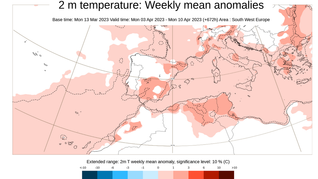 Anomalía de la temperatura prevista la semana del 3 al 10 de abril