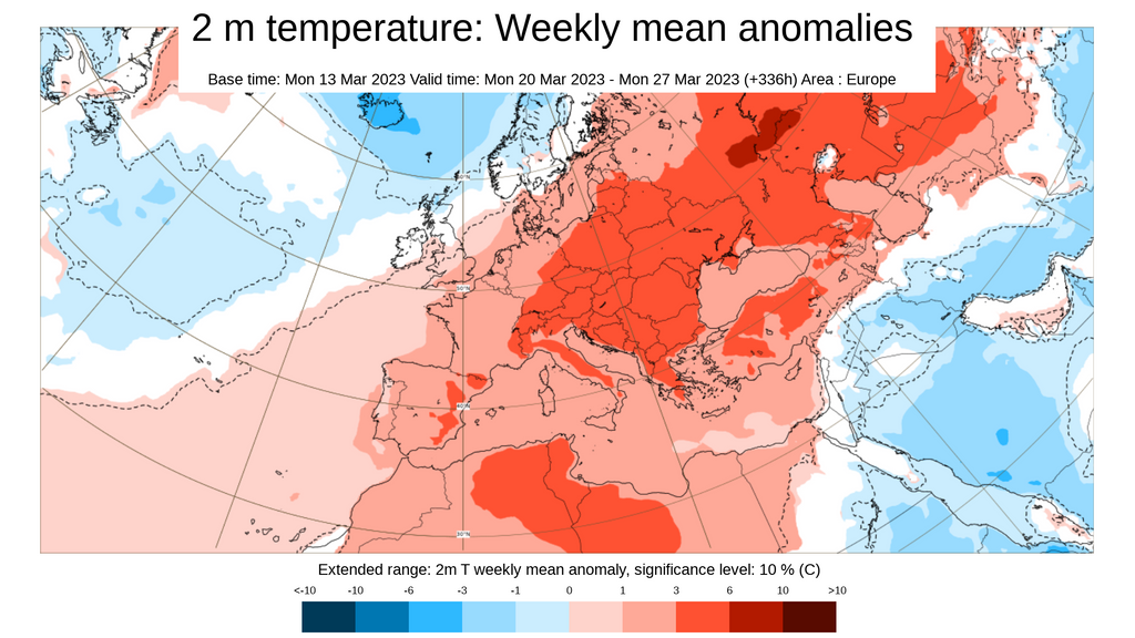 Anomalía de la temperatura prevista para la semana del 20 al 26 de marzo