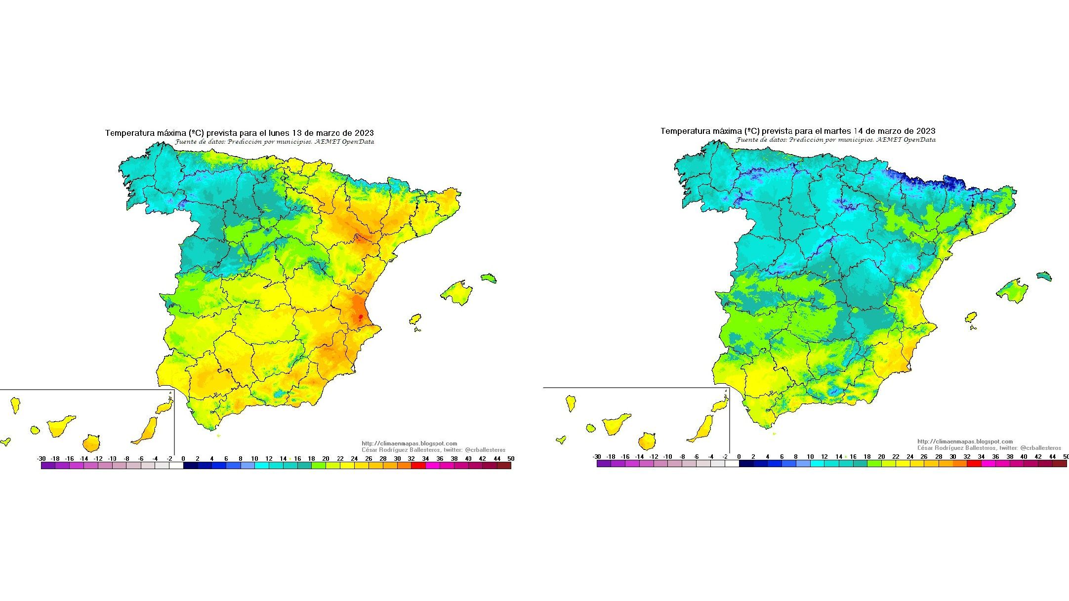Contraste entre las temperaturas máximas del lunes y las del martes