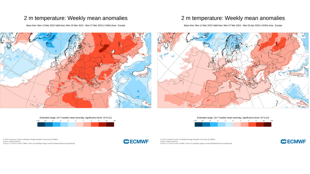 Anomalía de la temperatura media prevista para las próximas semanas