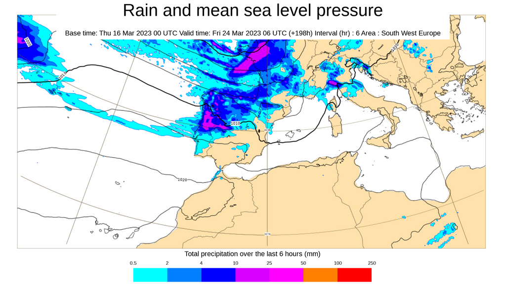 Frente de lluvias adentrándose en España viernes 24 marzo