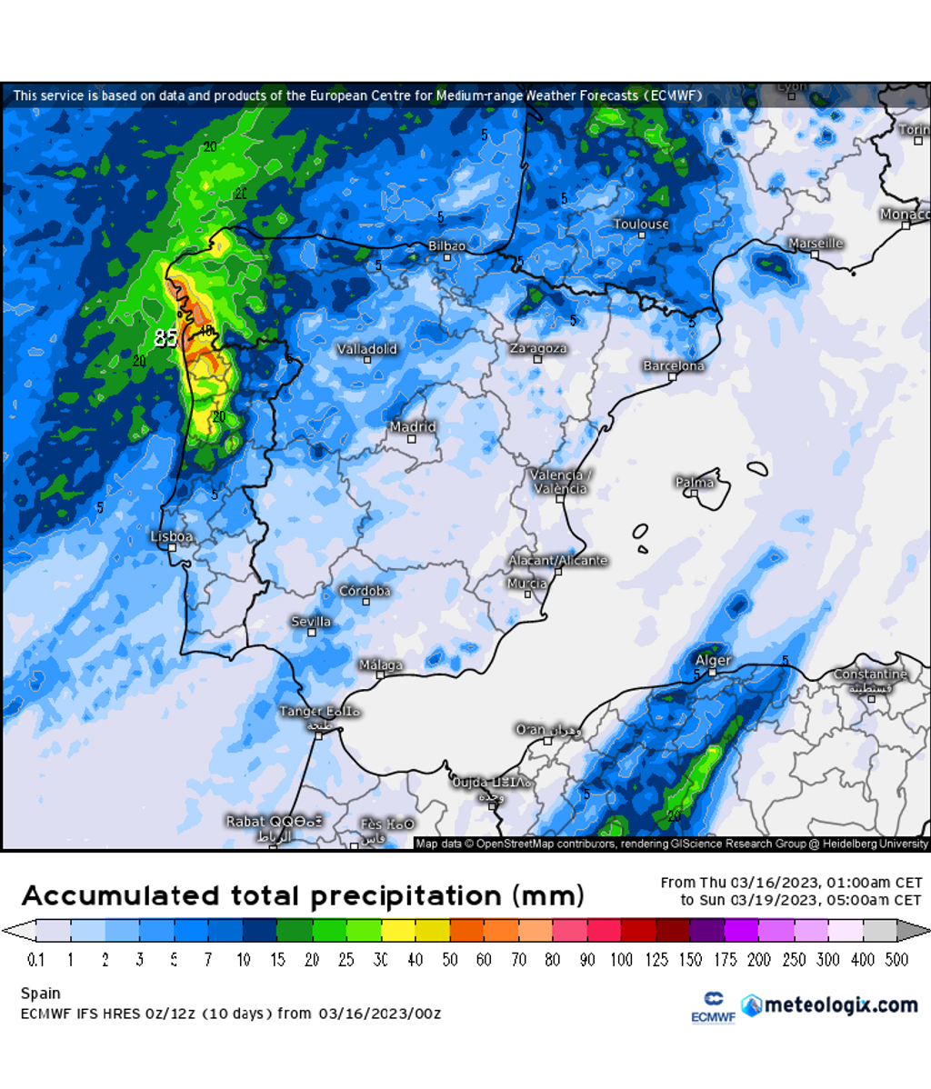 Precipitación prevista hasta el domingo 19