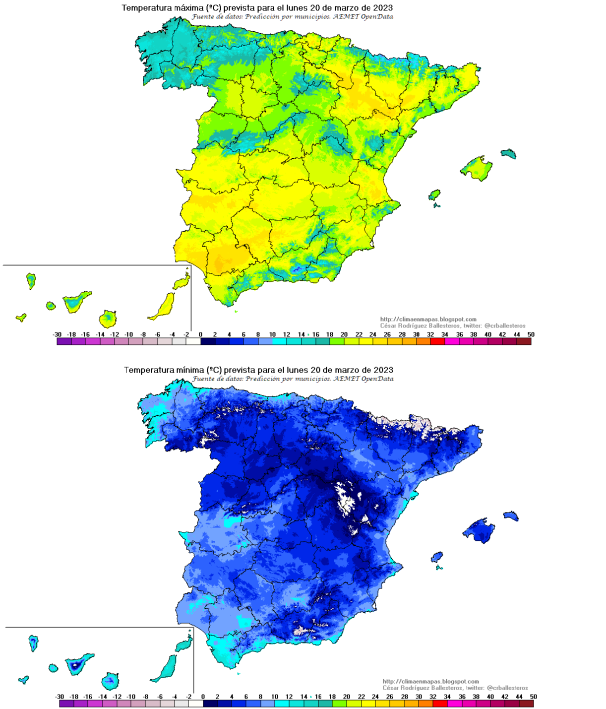 Temperatura máxima y mínima prevista para el lunes 20