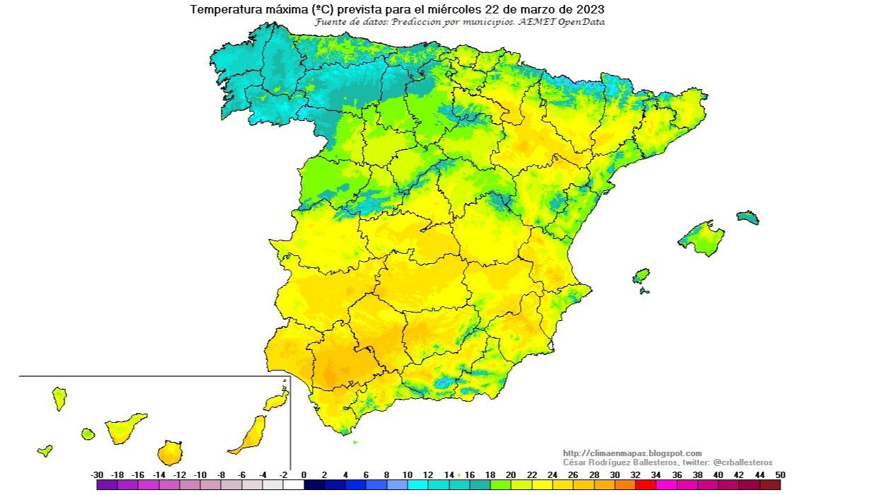 Temperaturas máximas previstas para el miércoles 22