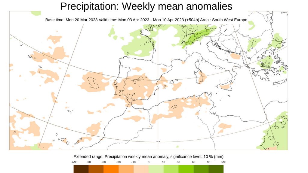 Anomalía de la precipitación prevista 3-10 abril 2023