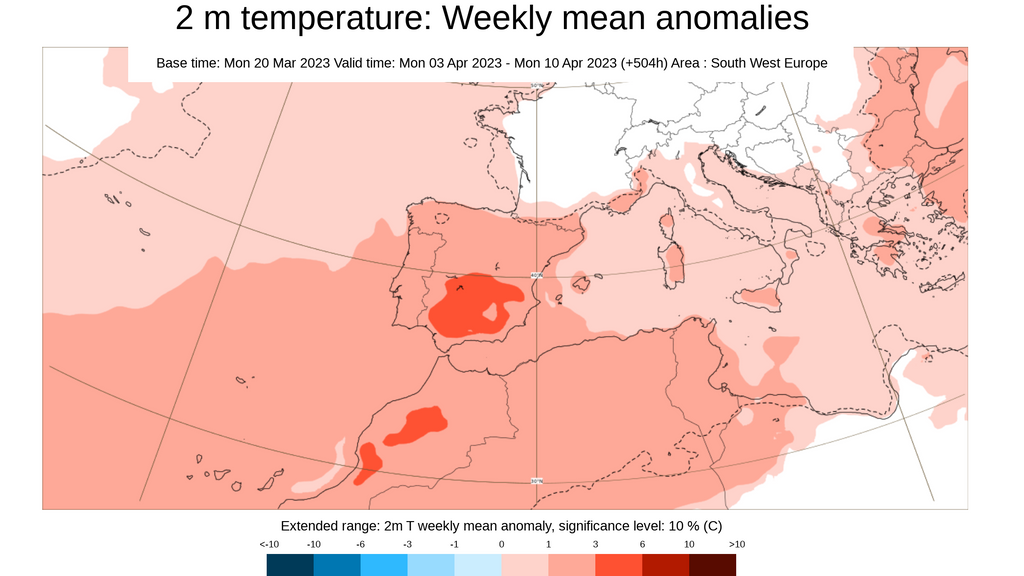 Anomalía de la temperatura prevista 3-10 abril 2023