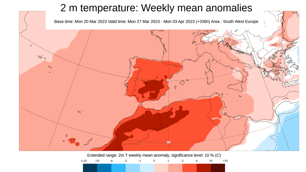 Anomalía de la temperatura promedio semana 27 marzo - 3 abril