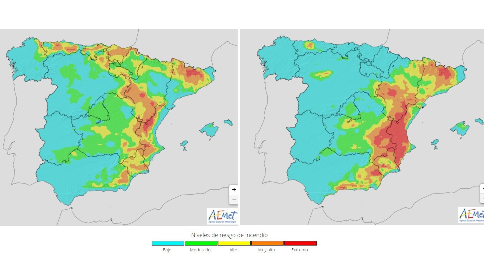 Riesgo de incendio previsto para el jueves (izda) y viernes (dcha)