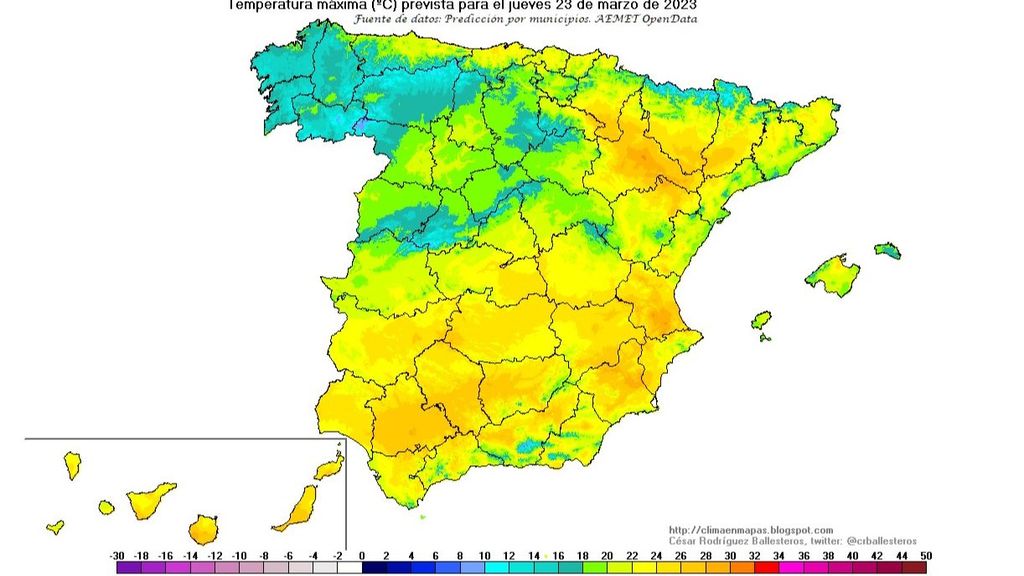 Temperaturas máximas previstas para el jueves 23