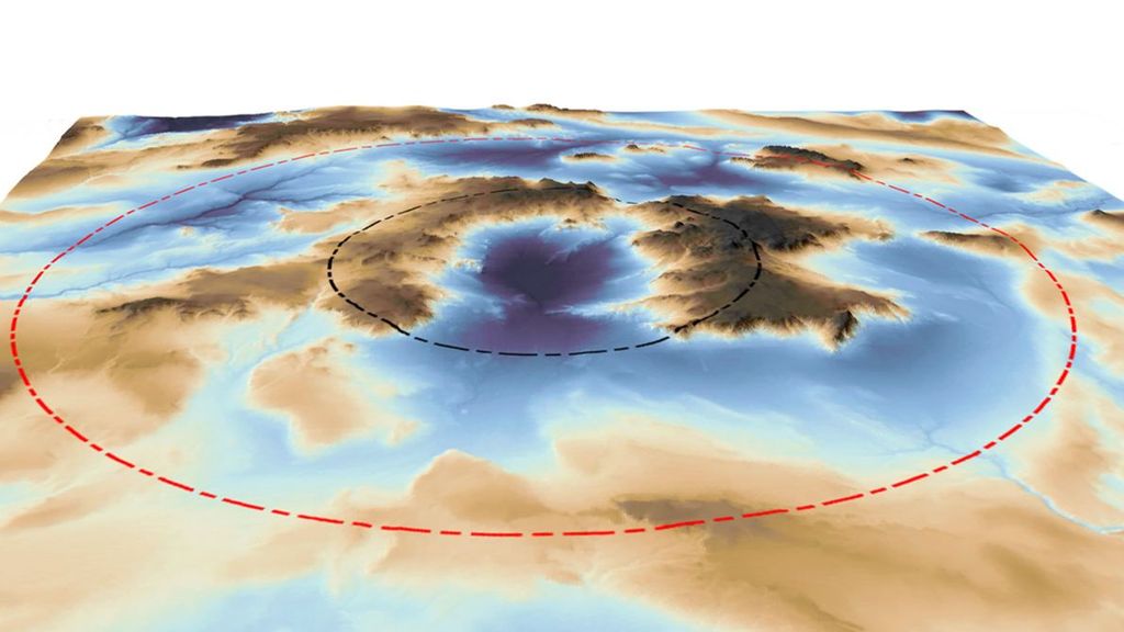 Si el cráter Zhamanshin en Kazajstán tiene 30 kilómetros de ancho (anillo rojo) en lugar de 13 kilómetros (anillo negro), como sugiere un nuevo estudio, el impacto habría sido mucho más violento