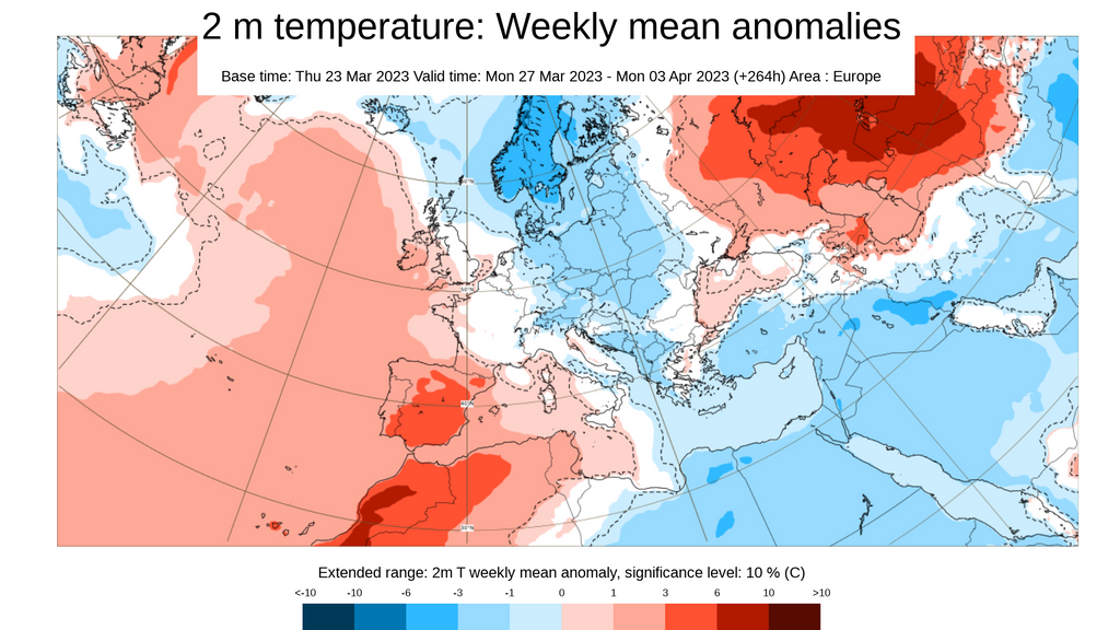 Anomalía de la temperatura para la semana del 27 marzo al 3 de abril