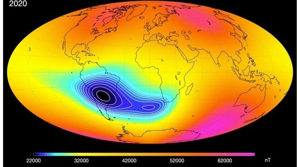 Datos satelitales que sugieren que la SAA se está dividiendo