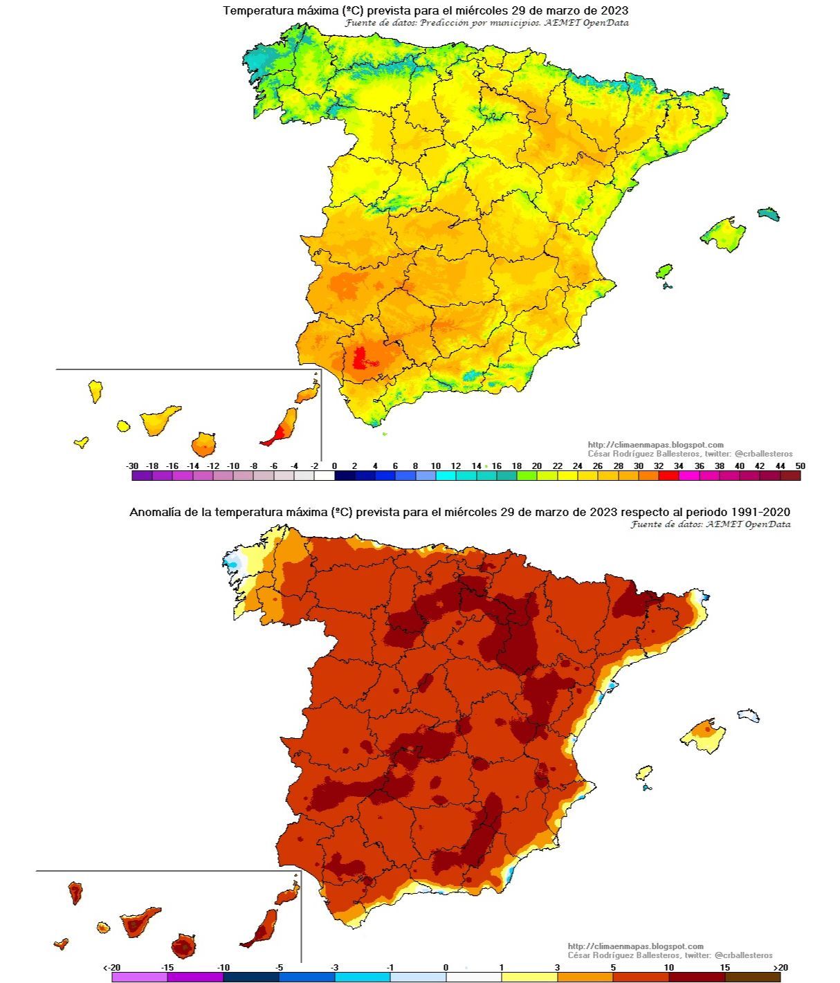 Temperaturas máximas previstas para el miércoles 29 y su anomalía