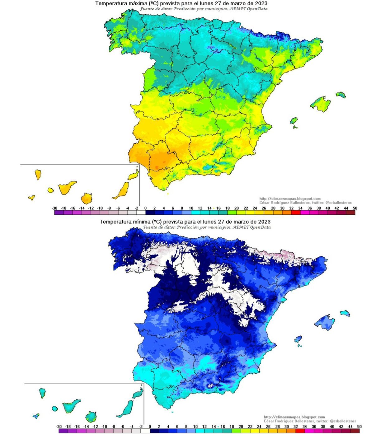 Temperaturas máximas y mínimas previstas para el lunes 27