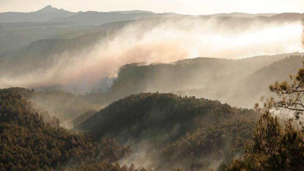 Columnas de humo provocadas por el incendio a primera hora del sábado en Villanueva de Viver