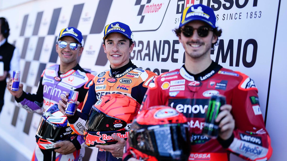 Jorge Martín, Marc Márquez y Peco Bagnaia en el GP de Portimao 2023