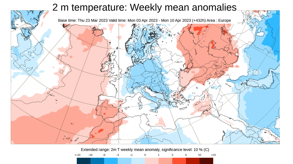 Anomalía de la temperatura prevista para la semana del 3 al 10 de abril