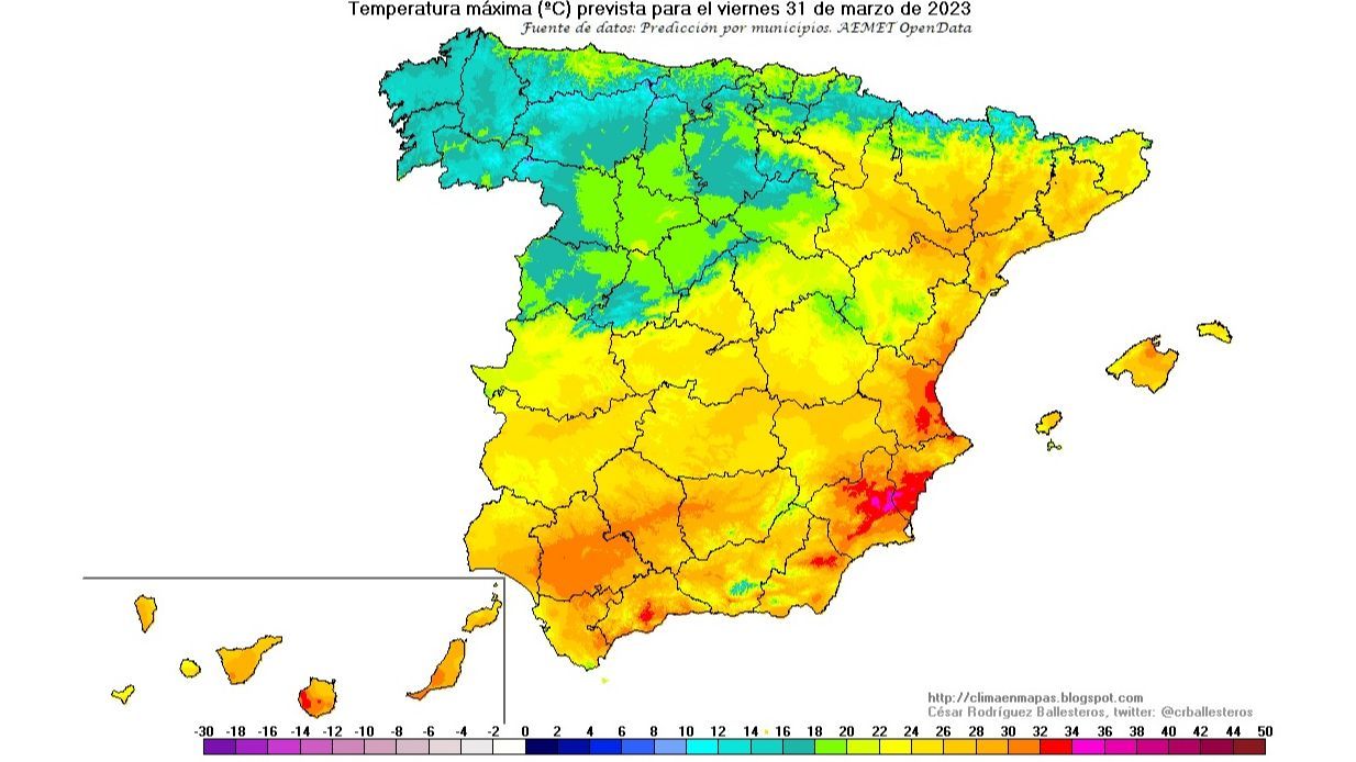 Temperaturas máximas previstas para el viernes 31