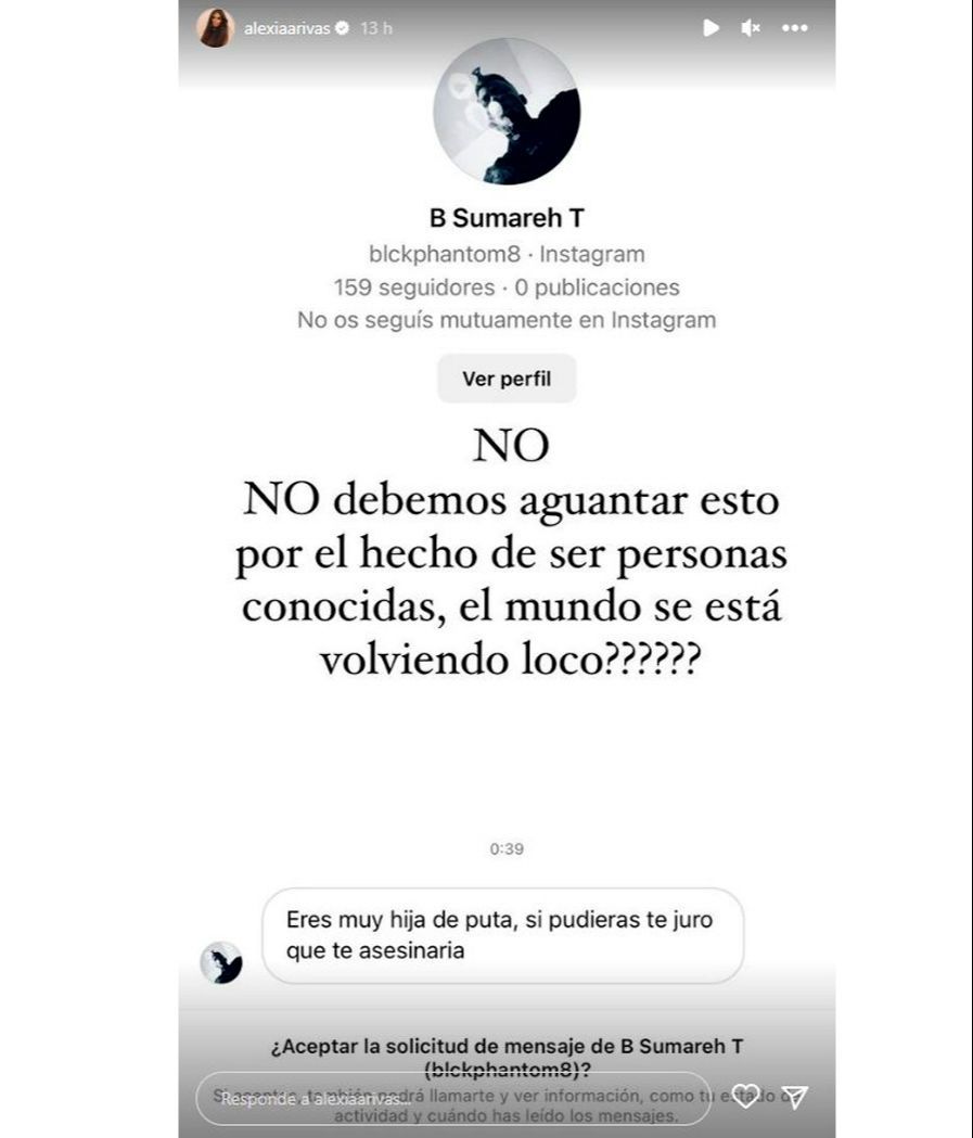 Alexia Rivas enseña las amenazas de muerte que ha recibido en sus redes