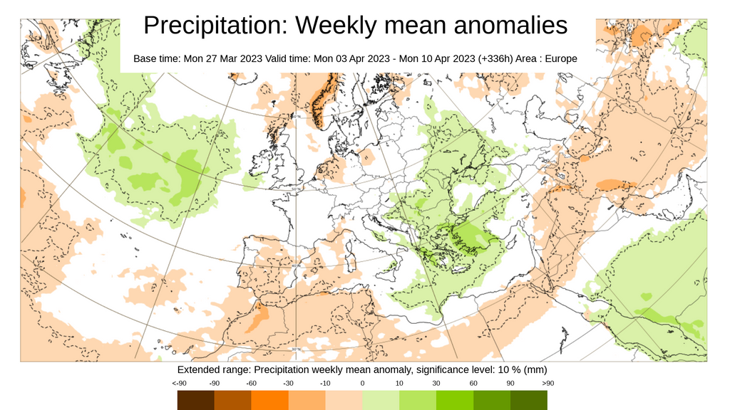 Anomalía de la precipitación prevista para la próxima semana