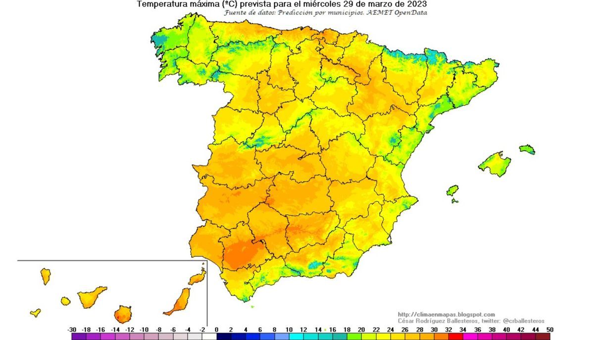 Temperaturas máximas previstas para el miércoles