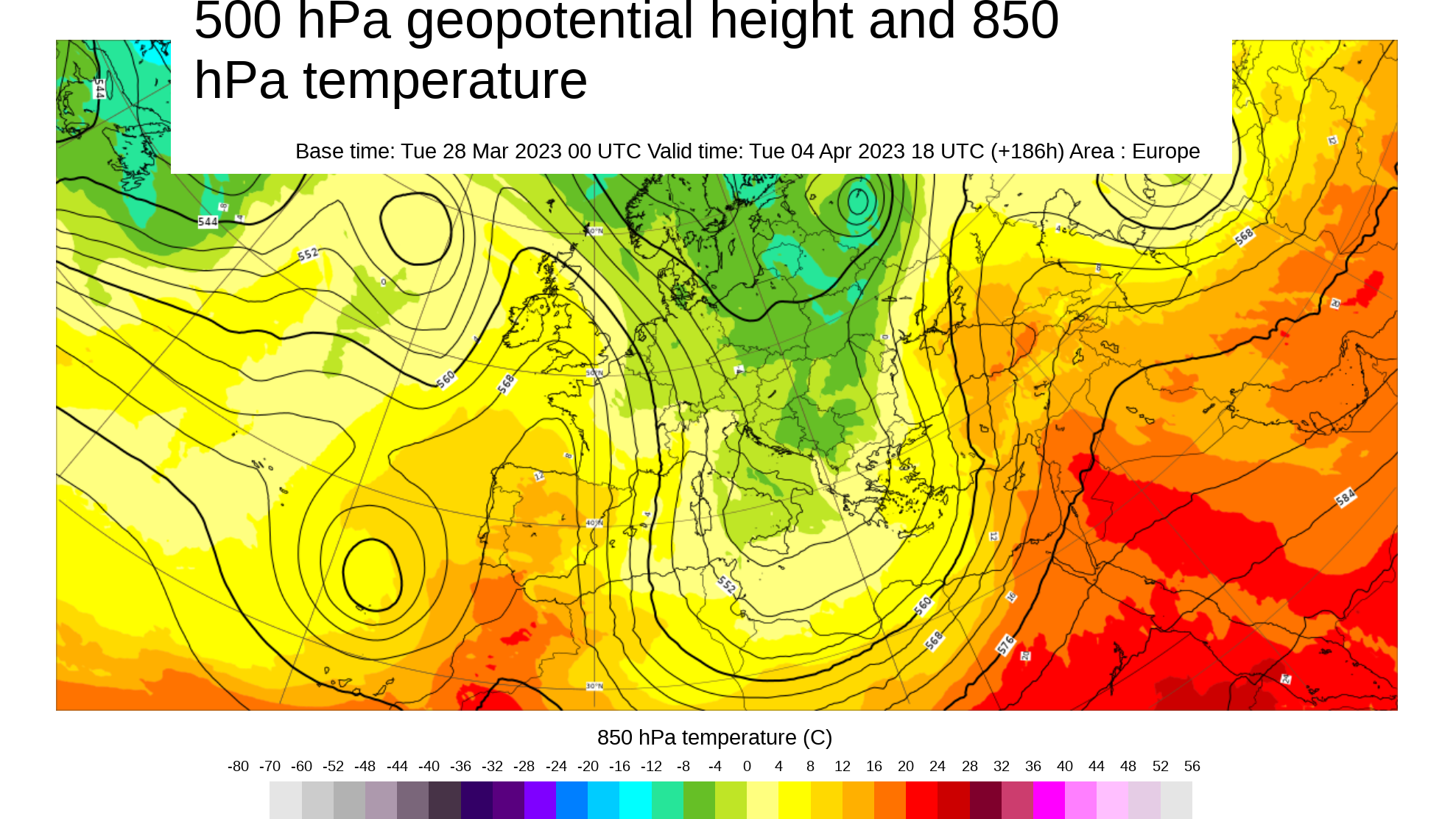Temreatura y geopotencial 500 hPa, previsión martes 4 abril