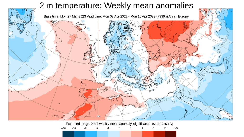Anomalía de la temperatura prevista del 3 al 10 de abril