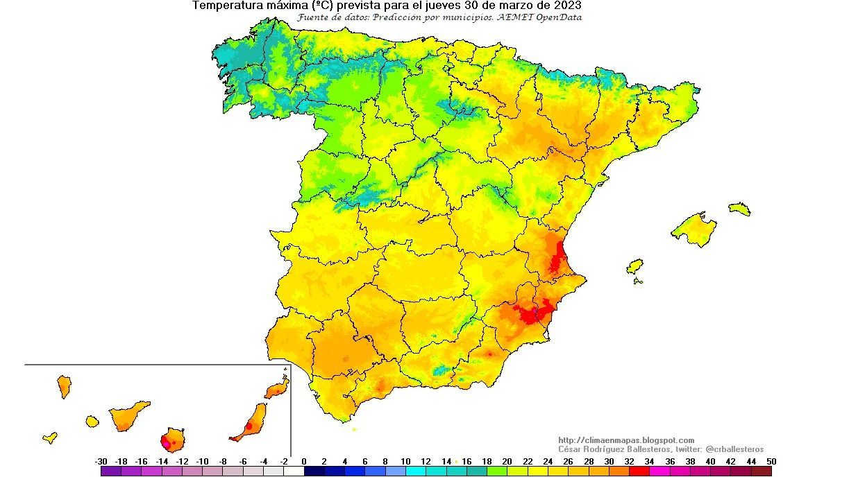 Temperaturas máximas previstas para el jueves 30
