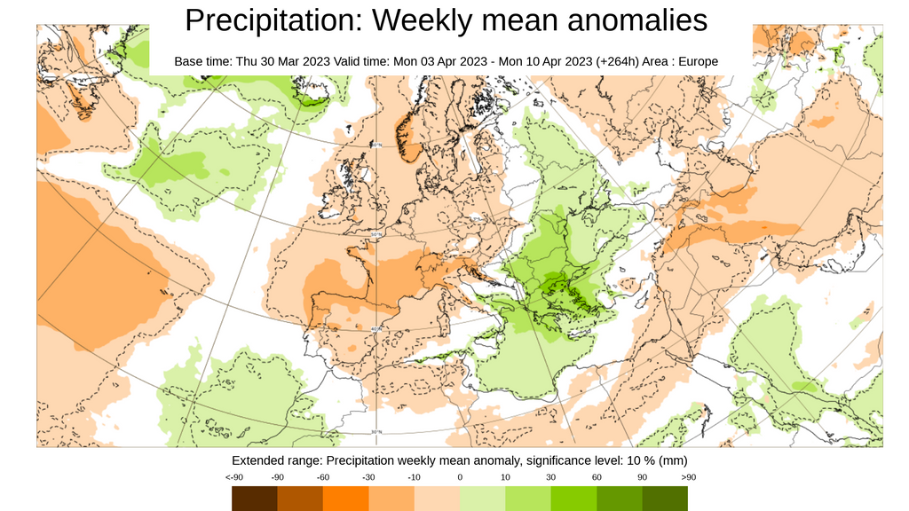 Anomalía de la precipitación prevista para la próxima semana