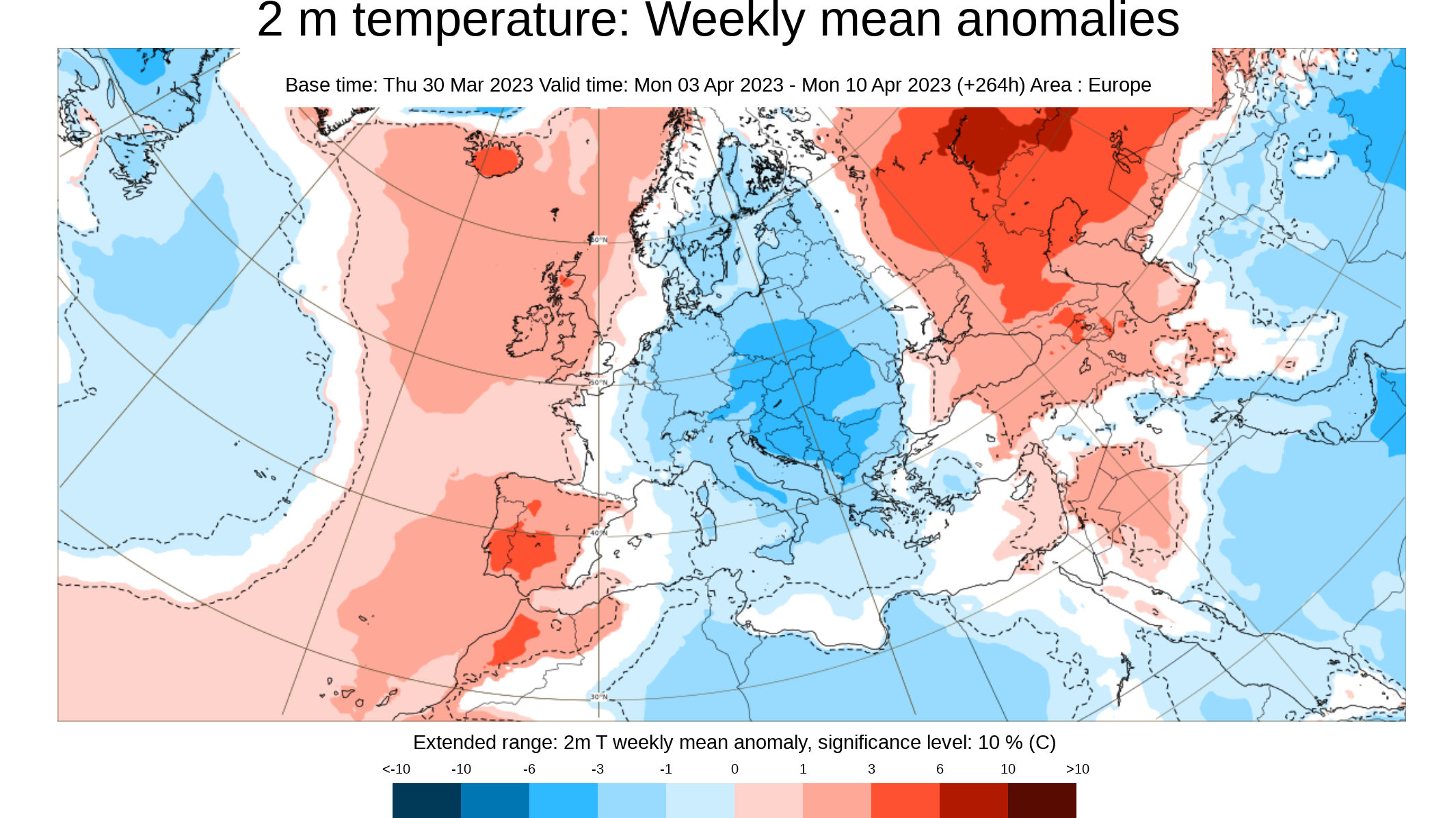 Anomalía de la temperatura prevista para la semana del 3 al 10 de abril