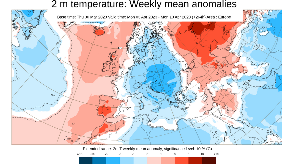 Anomalía de la temperatura prevista para la semana del 3 al 10 de abril