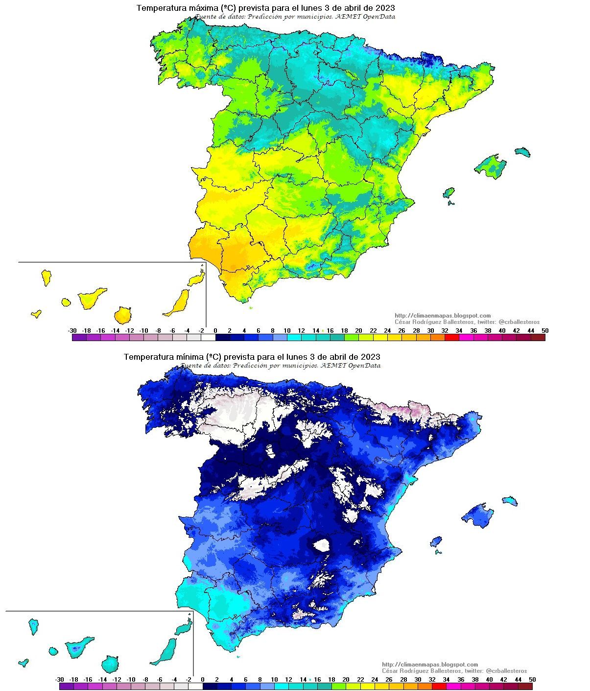 Temperaturas previstas para el lunes 3 abril