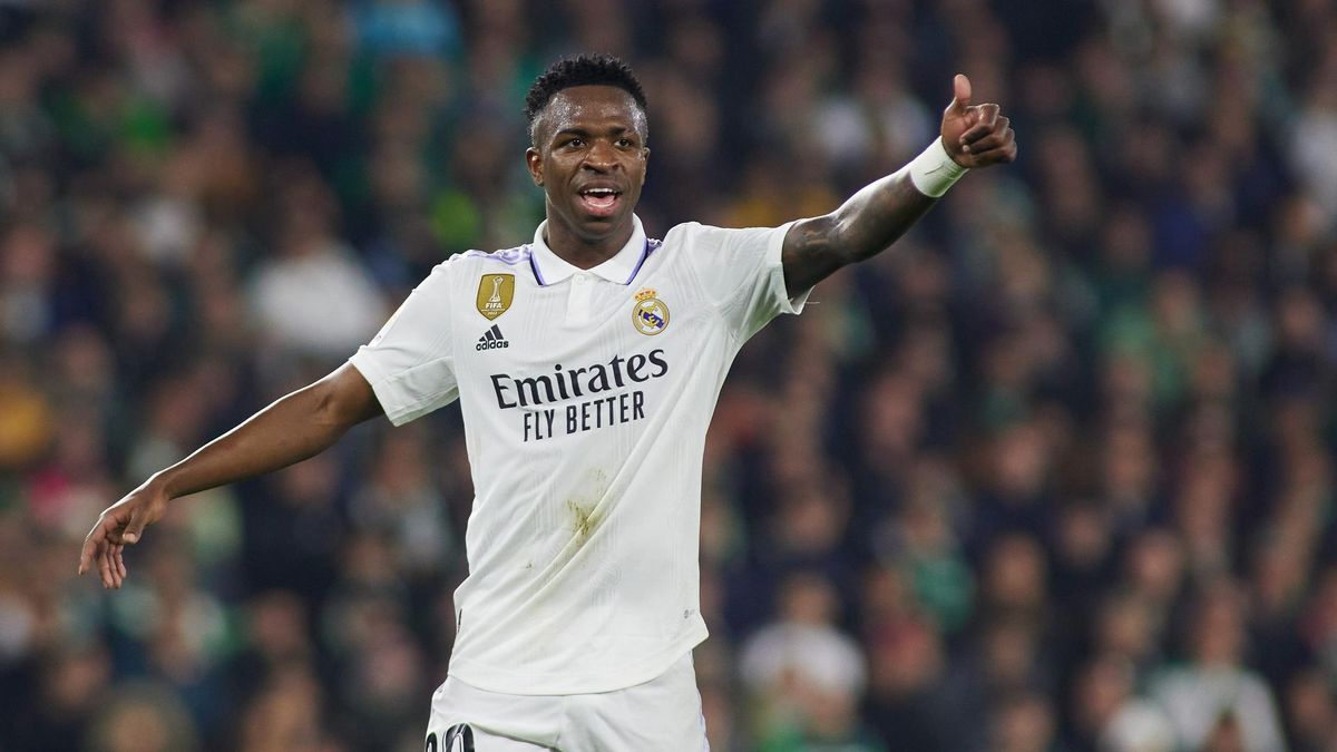 Vinicius Junior of Real Madrid protests during the spanish league, La Liga Santander, football match played between Real Betis and Real Madrid at Benito Villamarin stadium on March 5, 2023, in Sevilla, Spain. Vinicius Junior of Real Madrid protests during the spanish league, La Liga Santander, football match played between Real Betis and Real Madrid at Benito Villamarin stadium on March 5, 2023, in Sevilla, Spain.