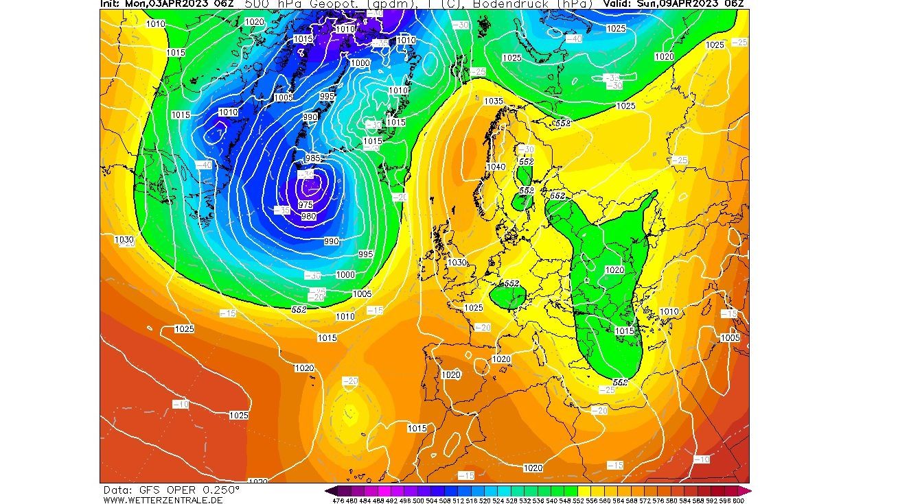Previsión temperatura y geopotencial 500 hPa domingo, 9 de abril