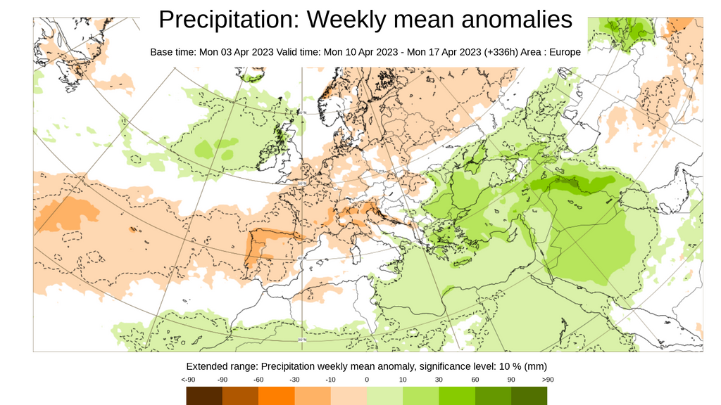 Anomalía precipitación media semana del 3 al 10 de abril