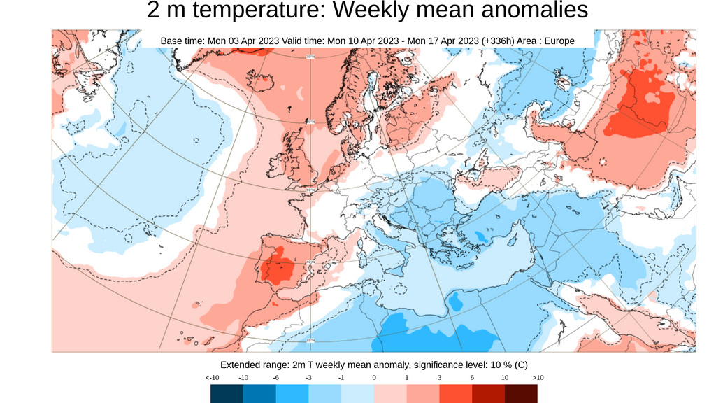 Anomalía temperatura media semana del 3 al 10 de abril