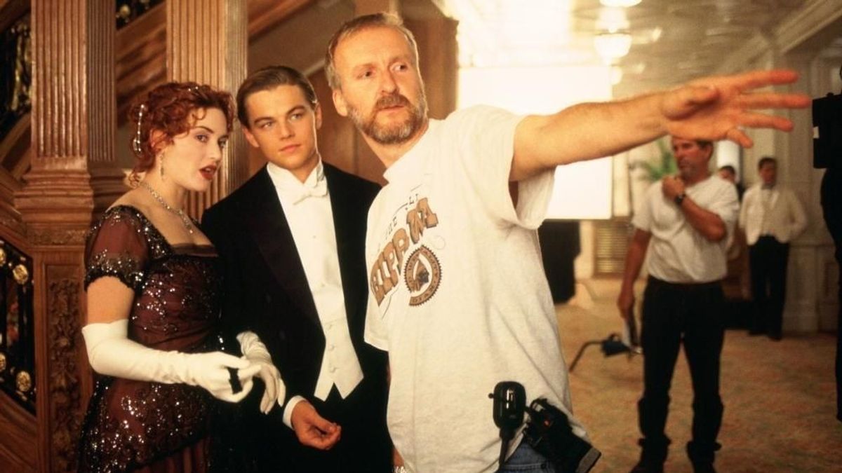 Kate Winslet, Leonardo DiCaprio y James Cameron en el rodaje de 'Titanic'