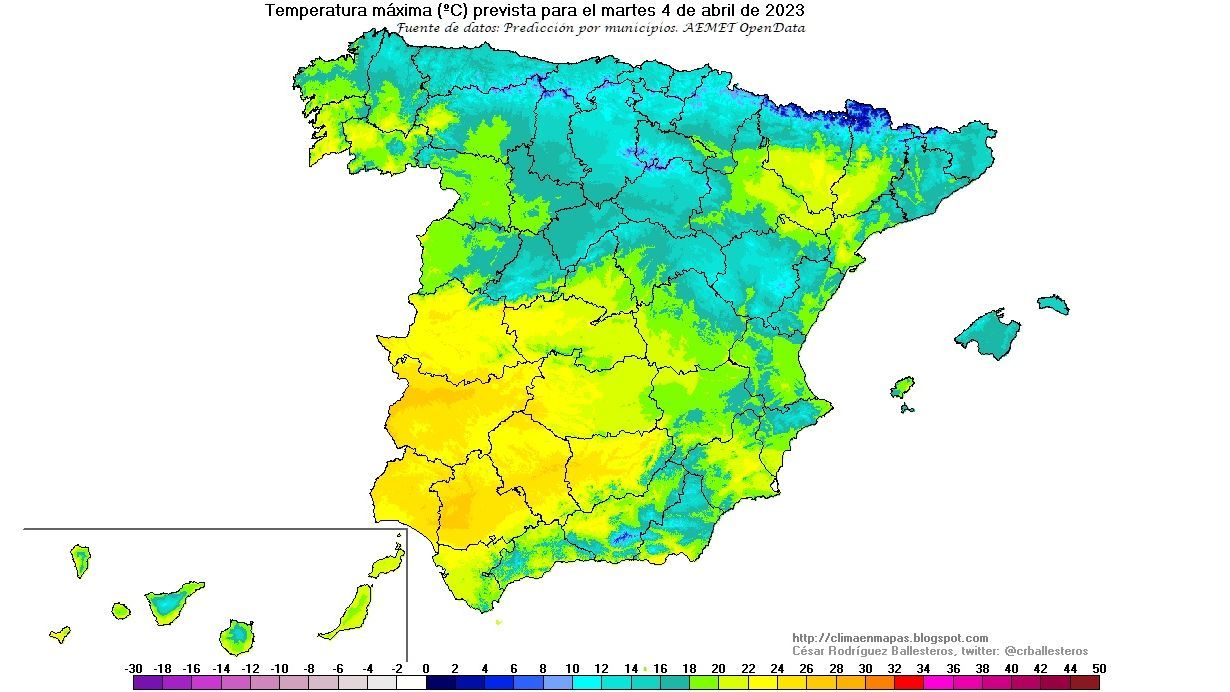 Temperaturas máximas previstas para el martes 4