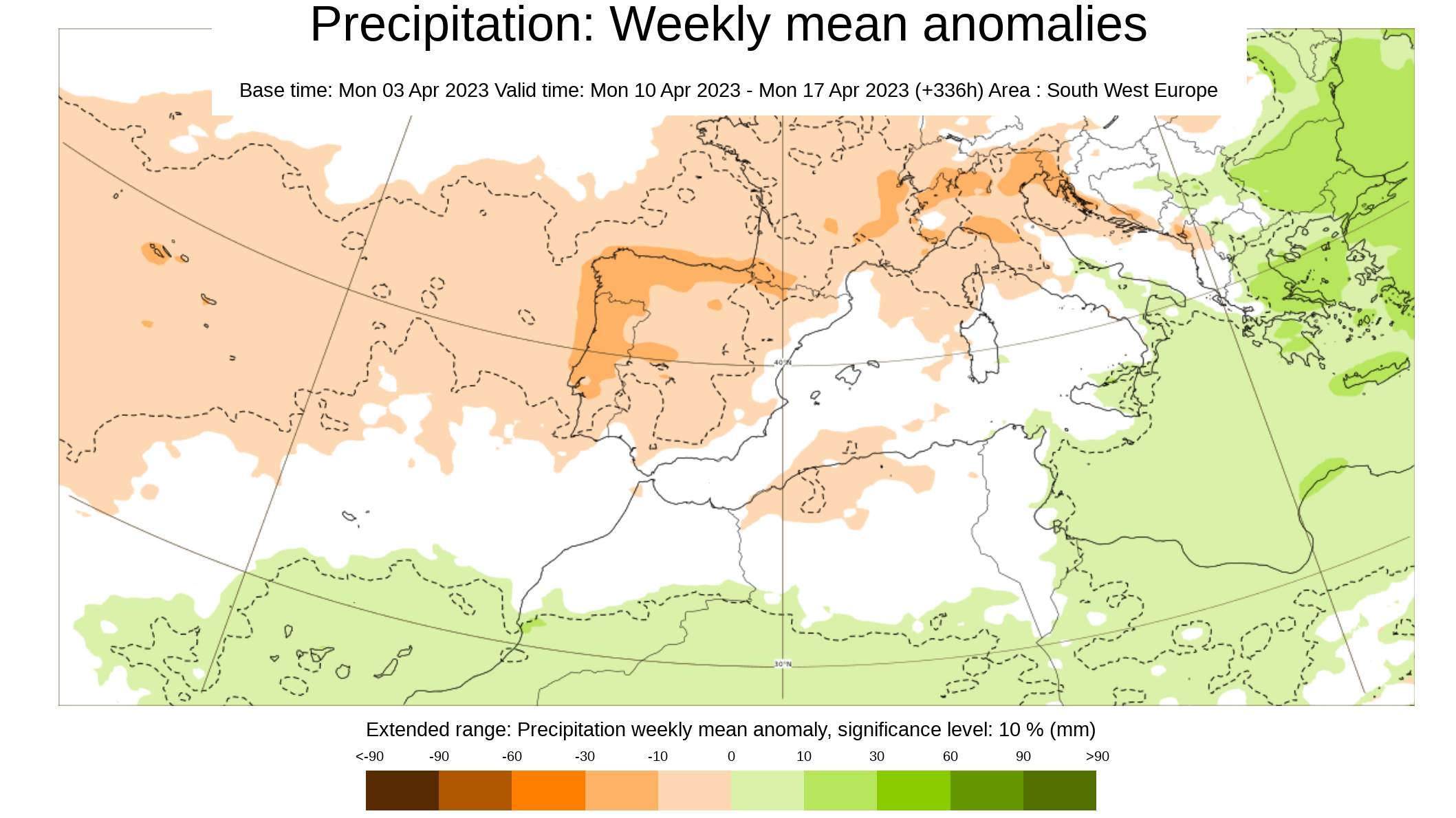 Anomalía de la precipiación prevista del 10 al 17 de abril 2023