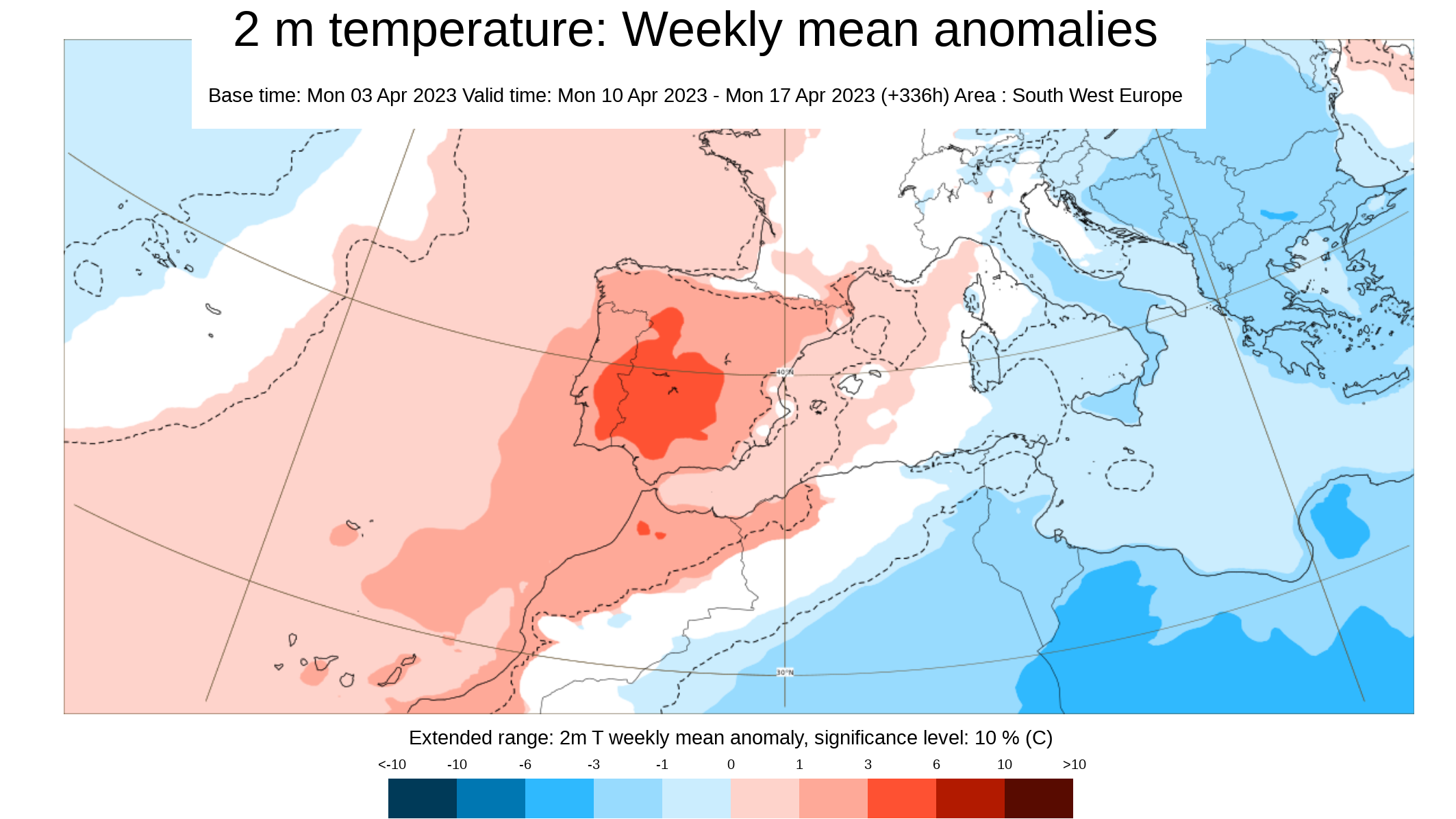Anomalía de la temperatura prevista del 10 al 17 de abril 2023