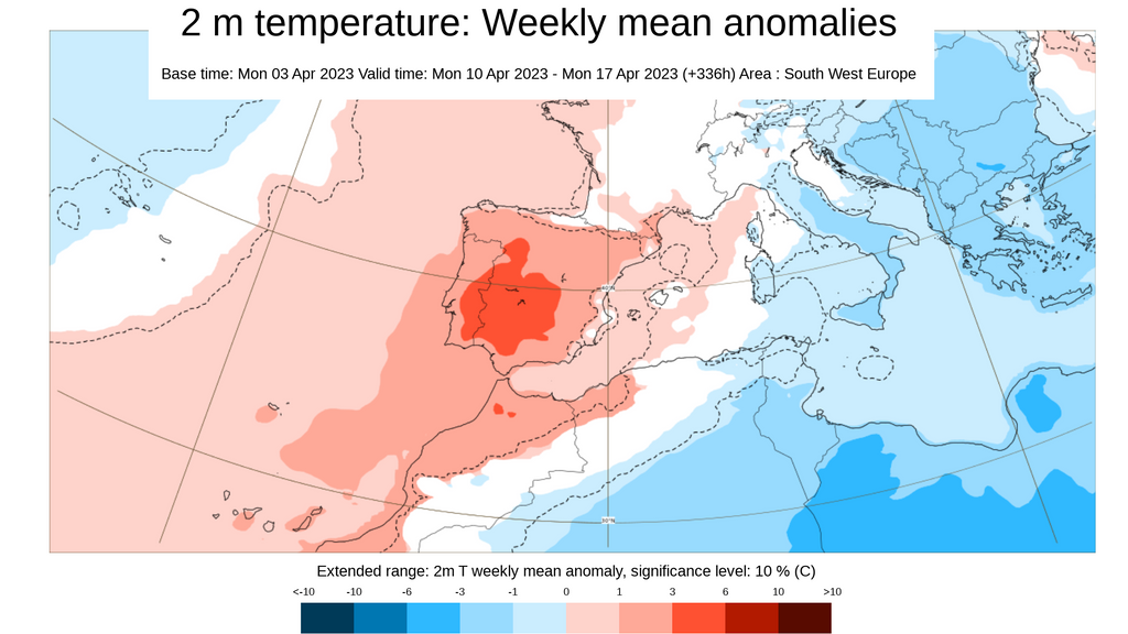 Anomalía de la temperatura prevista del 10 al 17 de abril 2023