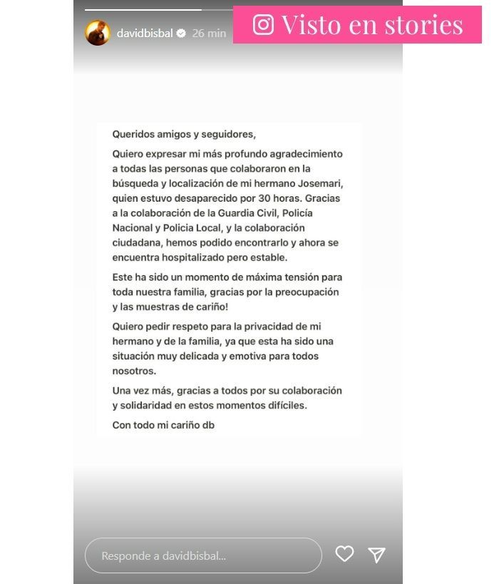 David Bisbal se pronuncia tras la desaparición de su hermano, José María