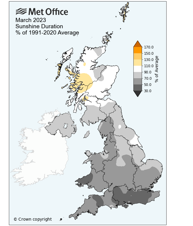 Porcentaje horas de sol en Inglaterra en marzo 2023