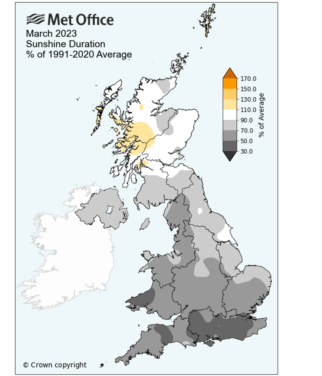 Porcentaje horas de sol en Inglaterra en marzo 2023