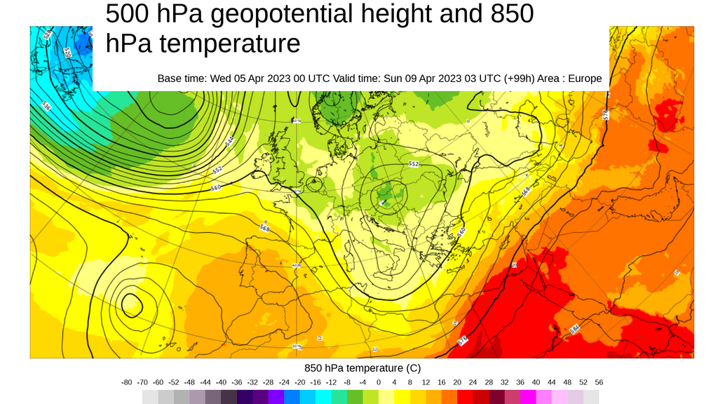 Previsión temperatura geopotencial 500 hPa domingo 9 abril