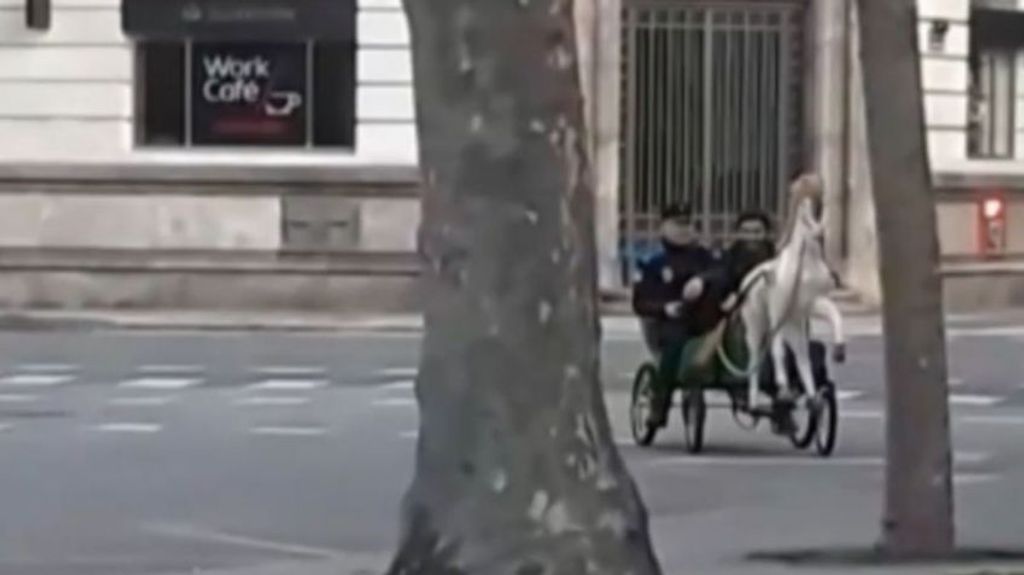 Salen de fiesta por A Coruña y acaban paseando por la mañana con un caballito para niños