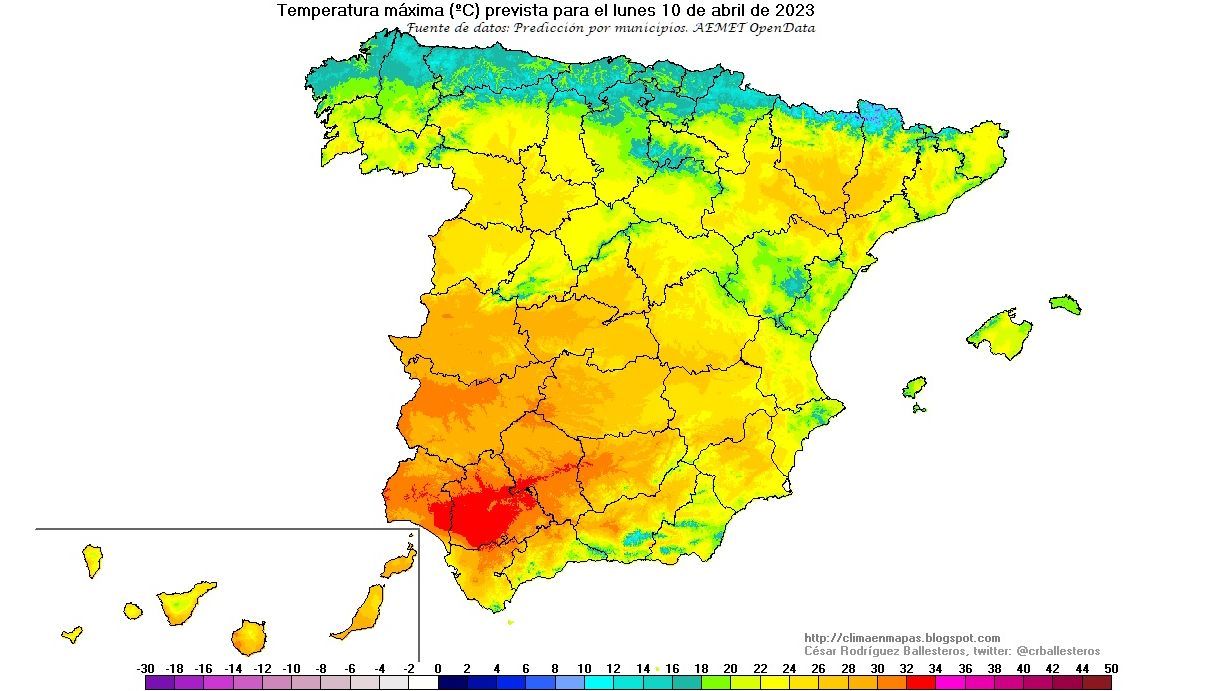 Temperatura máxima para el lunes 10 abril