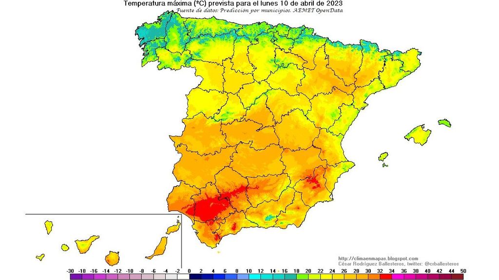 Temperaturas máximas previstas para el lunes 10 abril